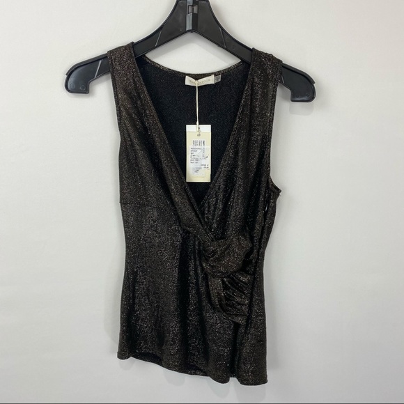 Ramy Brook Carmella V-Neck Metallic Knit Twist Tan - Picture 3 of 6